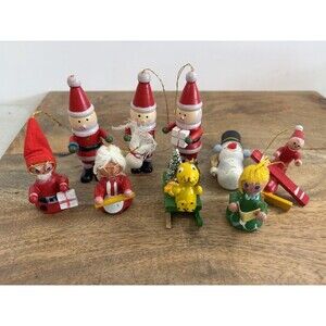 7 Vintage Wooden Christmas Ornaments 1970s Santas Snowman Angel Sled Plane